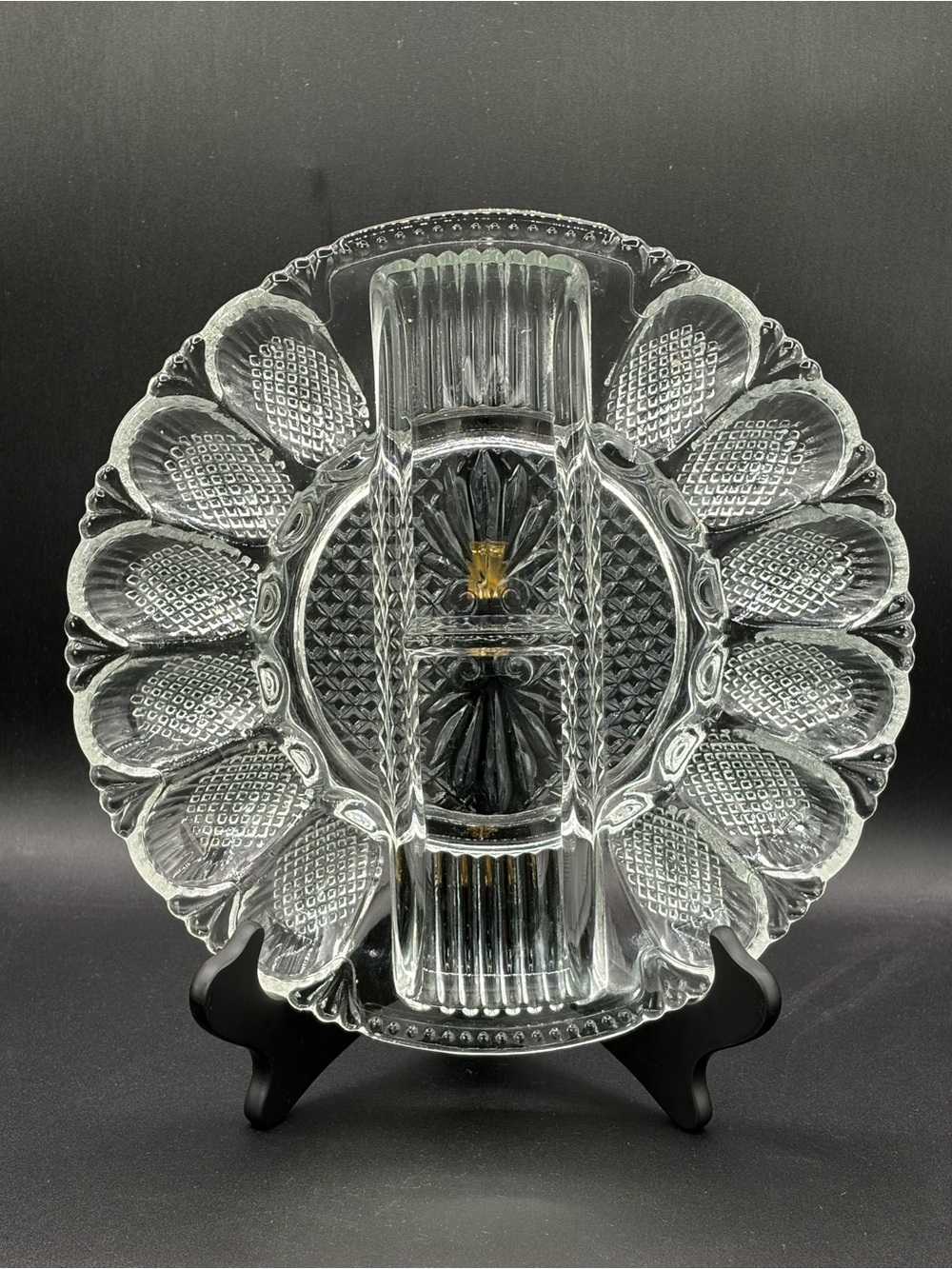 1960's LE Smith Heritage Deviled Egg And Relish Tray Clear Diamond Pattern